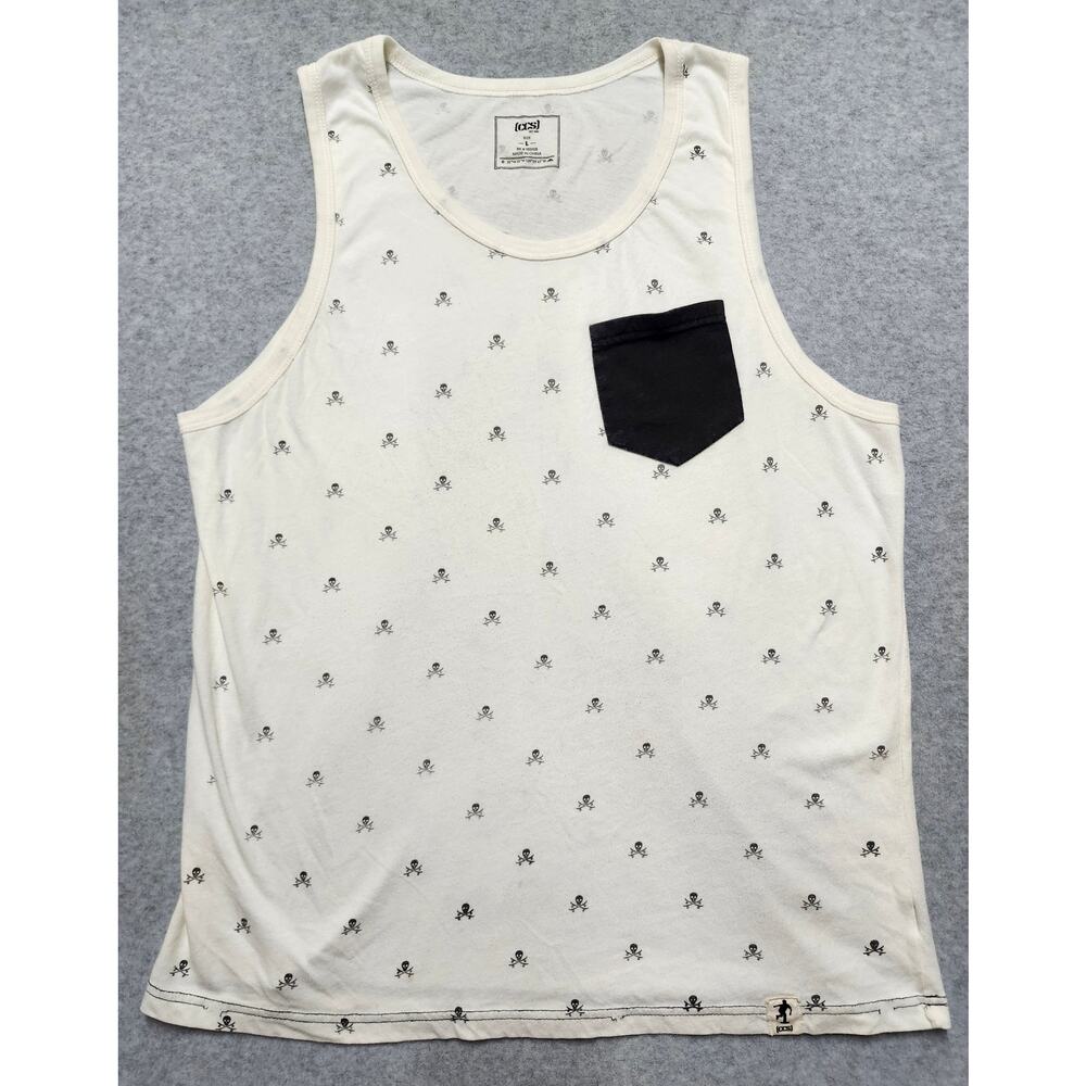 XS Skull Print Tank Top Mens Large White Black Pocket Sleeveless